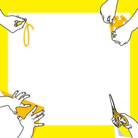 Illustration of a child's hand working with paper folding, taping, cutting with scissors, and drawing with crayons.のイラスト素材