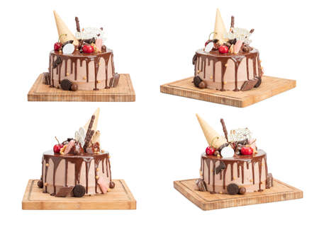 A Set of Delicious Chocolate Drench Surface Cake Isolated on White Background with Clipping Path in Full Depth of Field.の写真素材