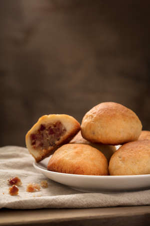 Mooncake close up view. Mooncake is a kind of traditional Chinese food for Mid-autumn festivalの写真素材