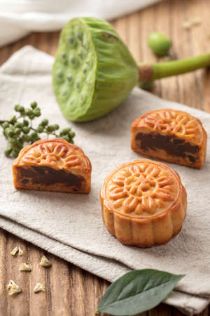 Mooncake on a cloth. Mooncake is a kind of traditional Chinese food for Mid-autumn festival