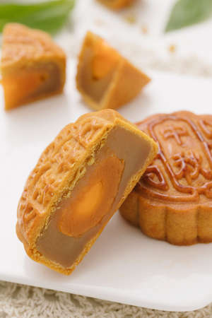 Delicious Mooncake, a kind of traditional Chinese Snack for Mid-Autumn Festival on the Table.