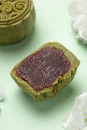 Beautiful Mooncake on Colorful Background with some Hydrangea.の写真素材