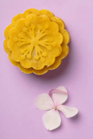 Beautiful Mooncake on Colorful Background with some Hydrangea.の写真素材