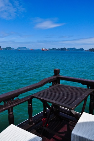 Junk cruise in a sunny day, Halong Bay, Vietnam, Unesco World Heritage Siteのeditorial素材
