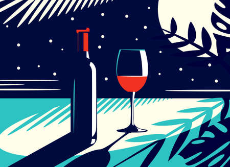 Vector illustration of a night view with a bottle and a glass of red wine in vintage style on the background of the moon and tropical leaves.のイラスト素材