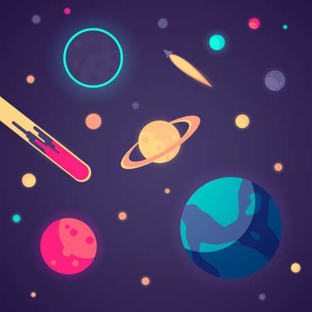 A solar system with many planets, a rocket and an asteroid.のイラスト素材