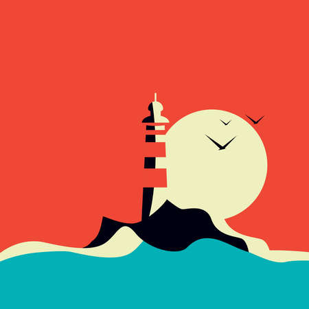 Lighthouse in the sea at sunset in retro or vintage style.のイラスト素材