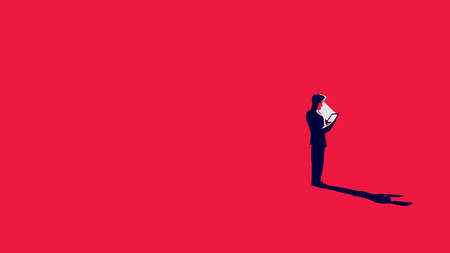 A tiny man with a phone or tablet looks at the screen in a minimal style. He reads a book or uses the Internet or social network.のイラスト素材