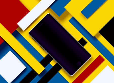 Vector illustration of a black cell phone on an abstract geometric background of colored paper.