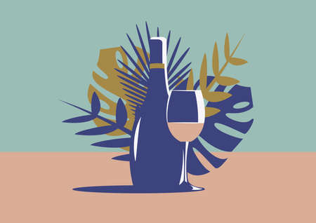 Elegant wine bottle with a wine glass and gold and blue leaves in minimal art deco style.のイラスト素材