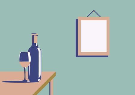 Elegant bottle of wine with a wine glass and a picture on the wall with copy space in minimal art deco style.のイラスト素材