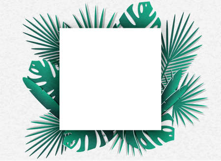 Vector illustration of a lot of tropical leaves. In the style of cut paper. In the middle is a place for text.のイラスト素材