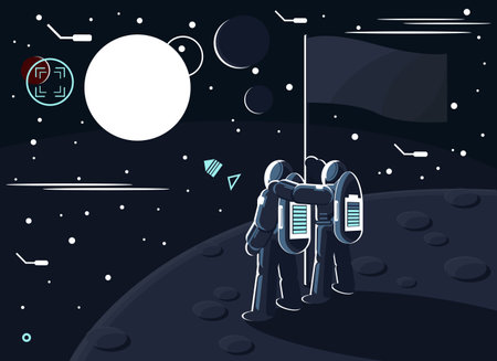 Vector illustration of astronauts standing together on the moon or another planet near the flag and dreaming to conquer Mars. One cosmonaut hugs another. Space exploration concept.のイラスト素材