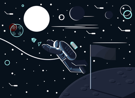 Conceptual vector illustration of an astronaut who left a flag on the moon or another planet and flew to Mars. The conquest of space and planetary exploration.のイラスト素材