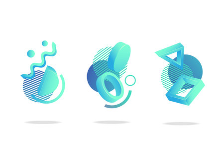 Set of abstract futuristic dynamic badges, icons or blend shapes in trendy neo mint, aqua menthe and blue colors in no gravity style.のイラスト素材