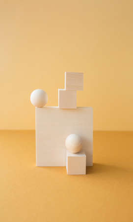 Abstract geometrical composition. Three-dimensional wooden objects with copy space for text. Art and...