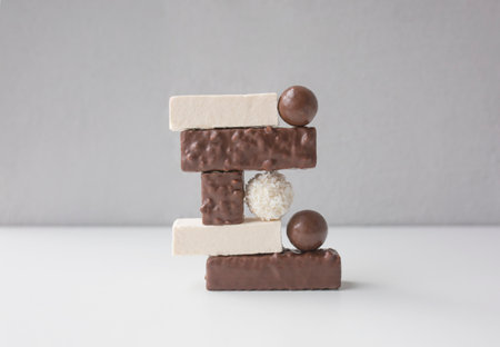 Different round candies, marshmallows and wafers arranged on white background against grey wall. Art...