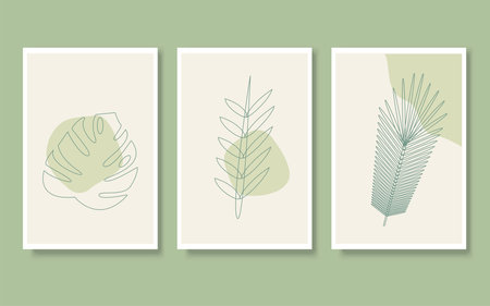 Vector illustration set of line art leaves in trendy style in monochrome green color.のイラスト素材
