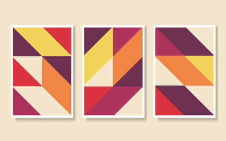 Abstract vector illustration set of art works in Bauhaus style in multicolored retro or vintage colors of 80s and 90sのイラスト素材