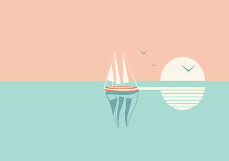 Sailboat or boat floats in the sea at sunset.のイラスト素材