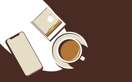 Top view of a cup of delicious coffee. Next to the phone and a photo. Memories or nostalgia.
