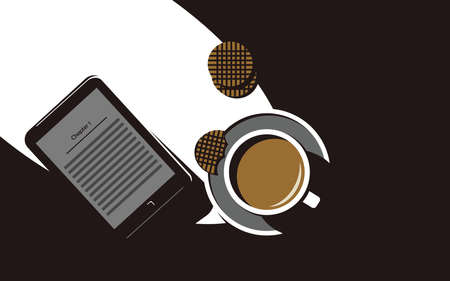 Top view of a cup of delicious coffee and an electronic book nearby. Studying or reading.のイラスト素材
