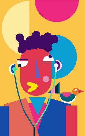 Multicolored cubism style vector illustration of a guy in headphones listening to music or a podcast.のイラスト素材