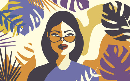 Portrait of a beautiful girl in sunglasses in colorful leaves in trendy trendy colors.のイラスト素材
