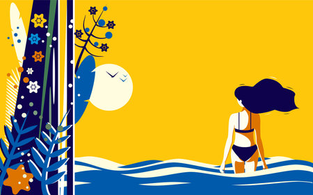 Beautiful girl in the sea rear view. Summer vacation by the sea.のイラスト素材