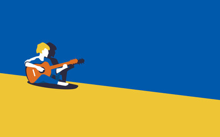 Vector illustration of a guitarist playing the guitar. Guitar learning or practice.