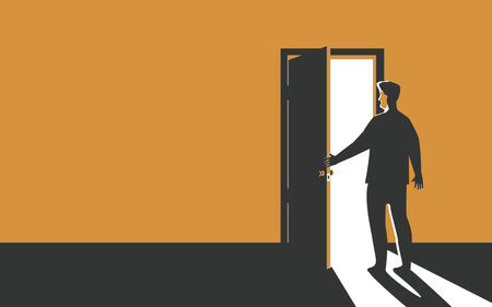 The man opens the door. The concept of mystery or new opportunities or the path to the future.のイラスト素材