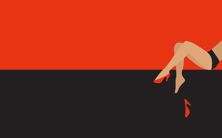 Womens legs with shoes on a red and black background in a minimal style. There is a copy space nearby.のイラスト素材