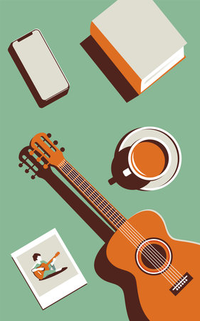 Vector illustration of a guitar and other items on a mint green background. Minimalistic illustration in trendy colors. Music concept or memories or coffee break.のイラスト素材
