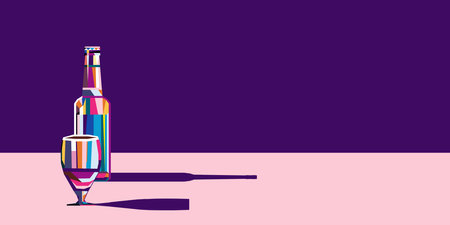 Vector illustration of a multi-colored beer bottle and a glass of beer in cubism style.のイラスト素材