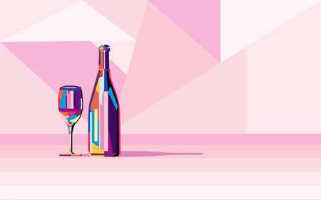 Vector illustration colorful bright bottle of wine and a glass of wine or alcoholic drink on a pink background.のイラスト素材
