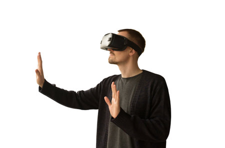 Man in virtual reality glasses isolated on white background. The concept of future technologies.