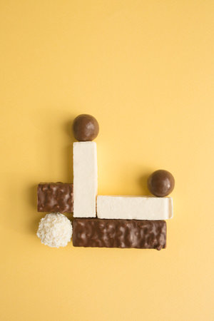 Wafers, marshmallow and candies on yellow background, sweet food variation,の写真素材