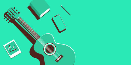 Guitar and other things on a mint green surface in a monochrome style. Nearby place for text or copy space.のイラスト素材