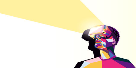Vector illustration of a man wearing virtual reality glasses. The concept of modern technology. In modern art style.のイラスト素材