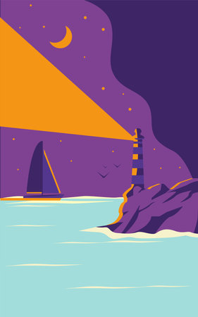 Beautiful night seascape. A lighthouse on the shore and a yacht or sea vessel sails nearby against the backdrop of the night sky.のイラスト素材