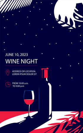 Banner or flyer with a bottle of wine and a glass of wine. Wine night or other event. Add your own text.のイラスト素材