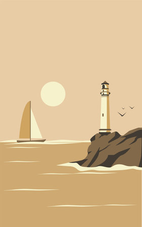 Beautiful sea view of the lighthouse and the yacht or sea vessel in retro monochrome style.のイラスト素材