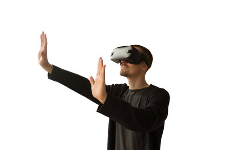 Man in virtual reality glasses isolated on white background. The concept of future technologies.
