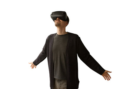 Man in virtual reality glasses isolated on white background. The concept of future technologies.