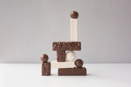 Round candies, marshmallow and wafers as complex art composition. Design and balance concept. Copy space for text.の写真素材