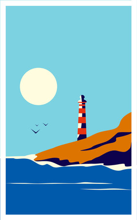 Vector illustration of a lighthouse on the seashore against the backdrop of the sun in retro style.のイラスト素材