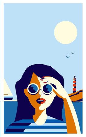 Vector illustration of a beautiful girl in sunglasses on the background of the sea in retro style.のイラスト素材