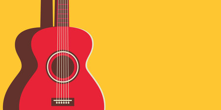 Red acoustic guitar on a yellow background. Nearby there is an empty space for text or copy space.のイラスト素材