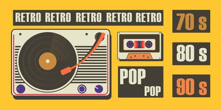 Tape recorder for playing vinyl records and audio cassette retro background. Old school concept.