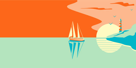 Vector illustration of a yacht or sailboat next to a lighthouse on the seashore against the backdrop of the sun in retro style.のイラスト素材